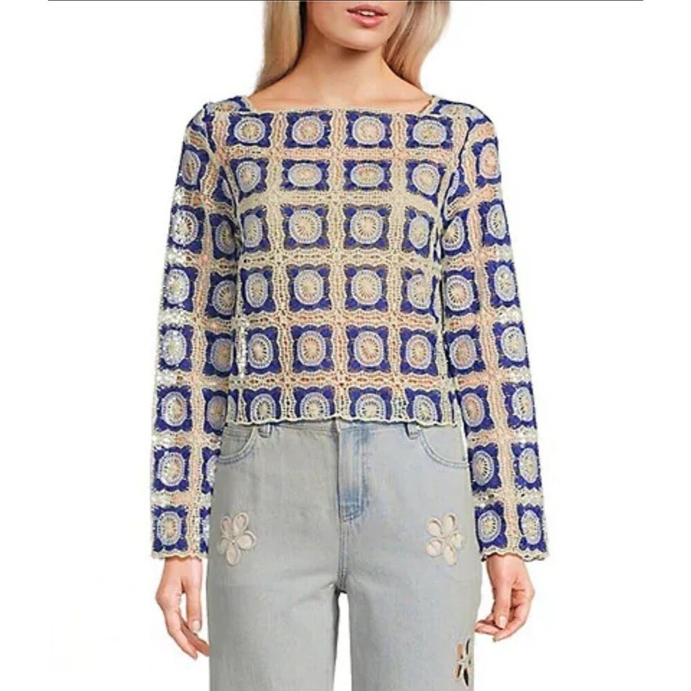 Chelsea & Violet Bonnie Crochet Blouse Top Womens XL Granola Boho 70s Retro